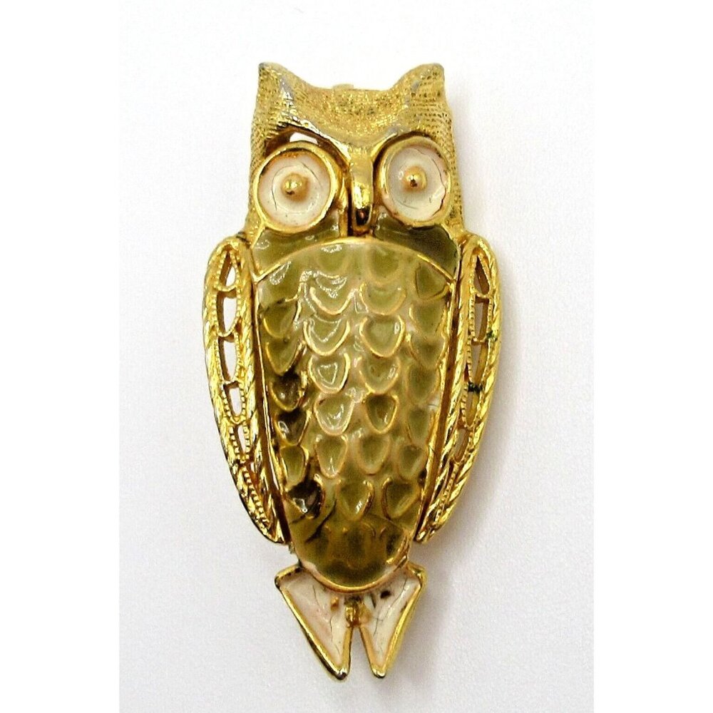Vintage Unsigned Gold Tone Textured Enamel Wide Eyed Stylized Owl Pin Brooch